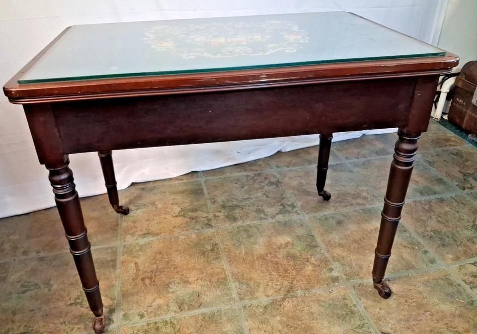 Antique Tapestry Topped Occasional Table With Single End Draw Glass Top photo furniture