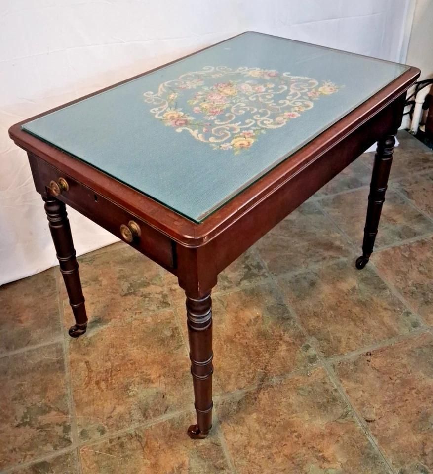 Antique Tapestry Topped Occasional Table With Single End Draw Glass Top photo vinterior