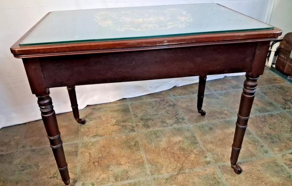 photo furniture Antique Tapestry Topped Occasional Table With Single End Draw Glass Top