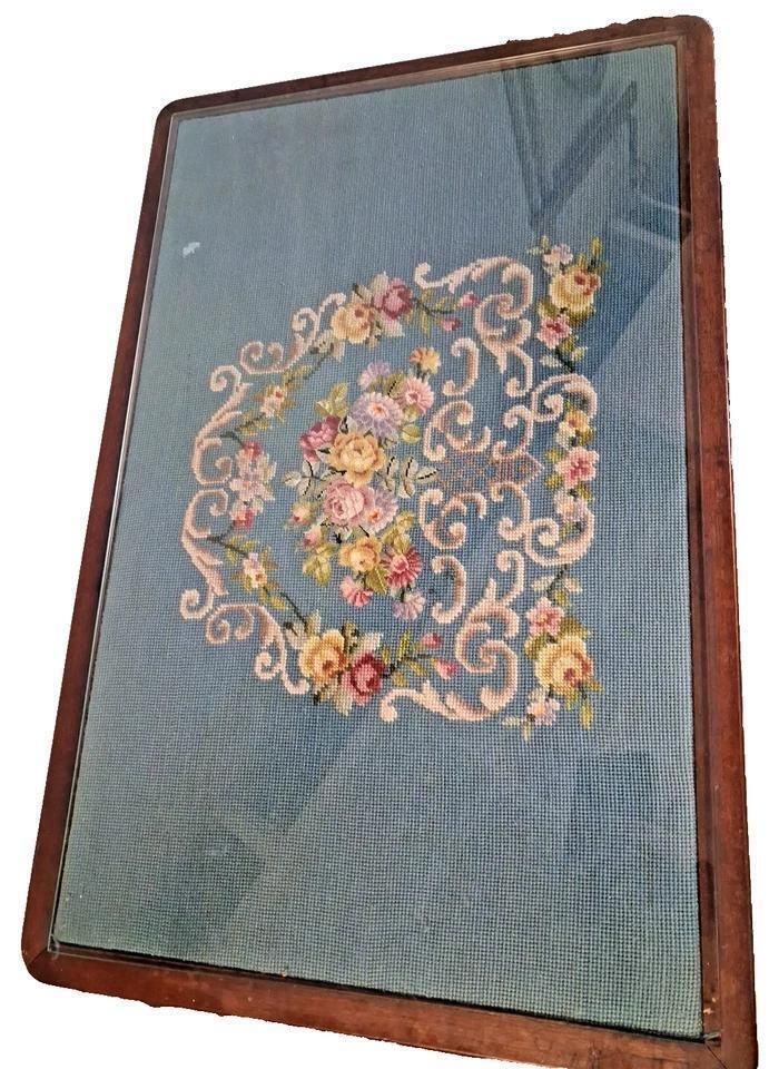 photo for sale Antique Tapestry Topped Occasional Table With Single End Draw Glass Top