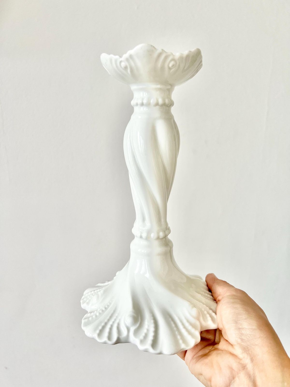 Limoges Antique White Porcelain Tall Pair Candlestick Holder Sea Decor Rococo Rocaille French Chateau Embossed Shell Signed 1800 photo vintage