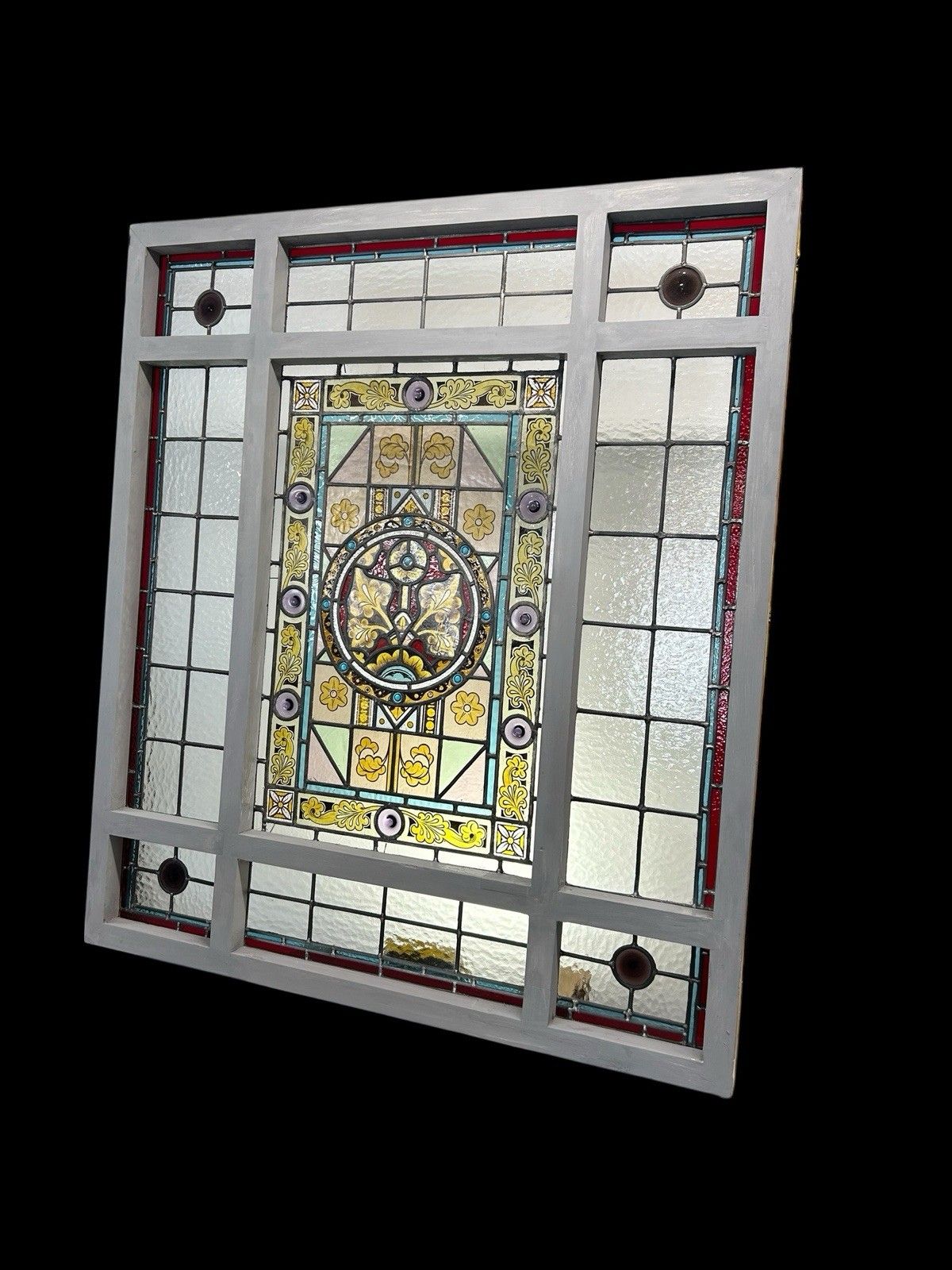 Victorian Stained Glass Hand Painted Rare Window Panel Old Restored Antique Lead photo for sale