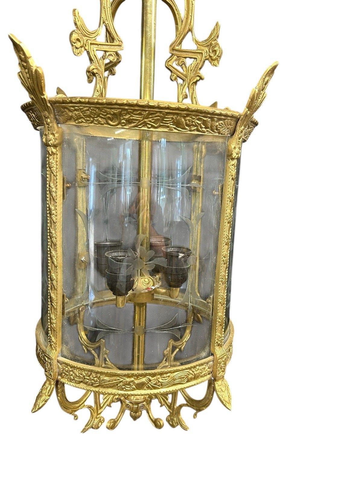Antique Large Gilt French Lantern Ceiling Lamp Period Ormolu Brass Old Etched photo furniture