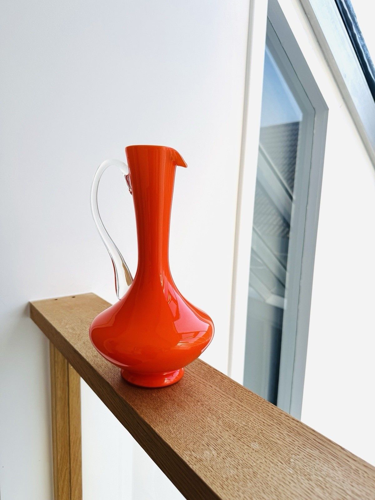 Vintage 1970s Italian Empoli Fiorentina Orange Opaline Glass Jug, Clear Handle photo furniture