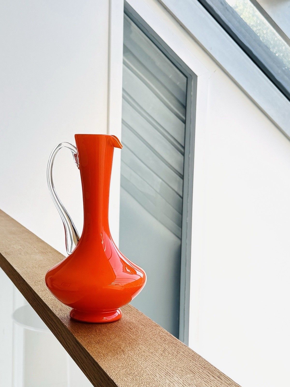 Vintage 1970s Italian Empoli Fiorentina Orange Opaline Glass Jug, Clear Handle photo for sale
