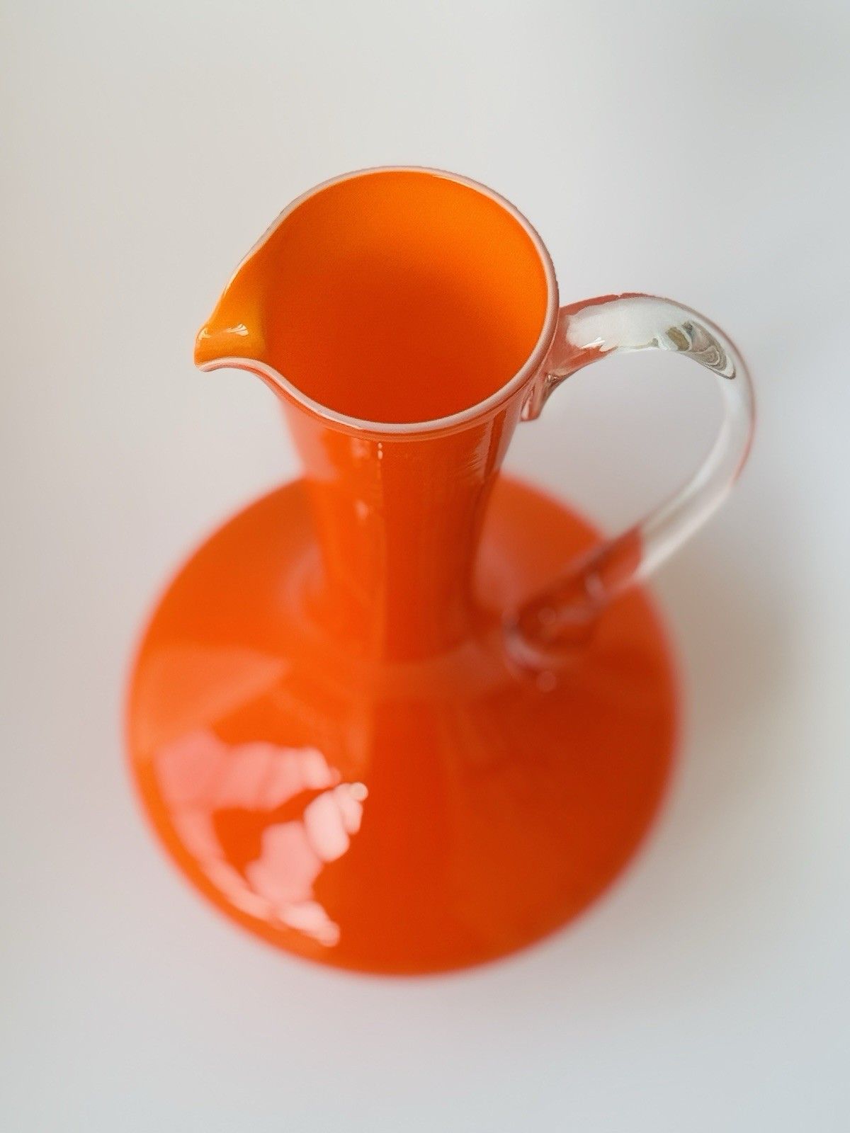 Vintage 1970s Italian Empoli Fiorentina Orange Opaline Glass Jug, Clear Handle photo vinterior