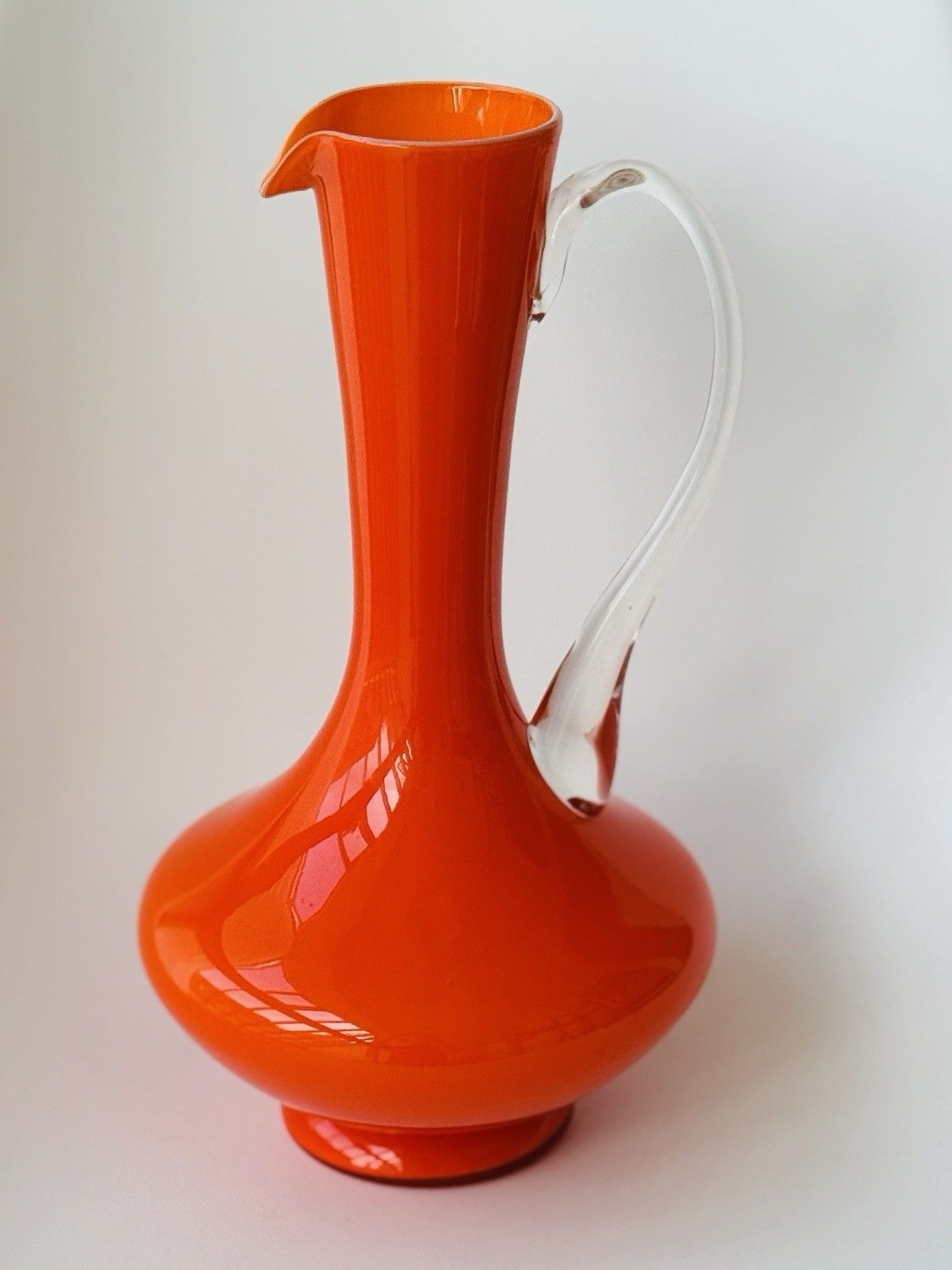 Vintage 1970s Italian Empoli Fiorentina Orange Opaline Glass Jug, Clear Handle photo buy