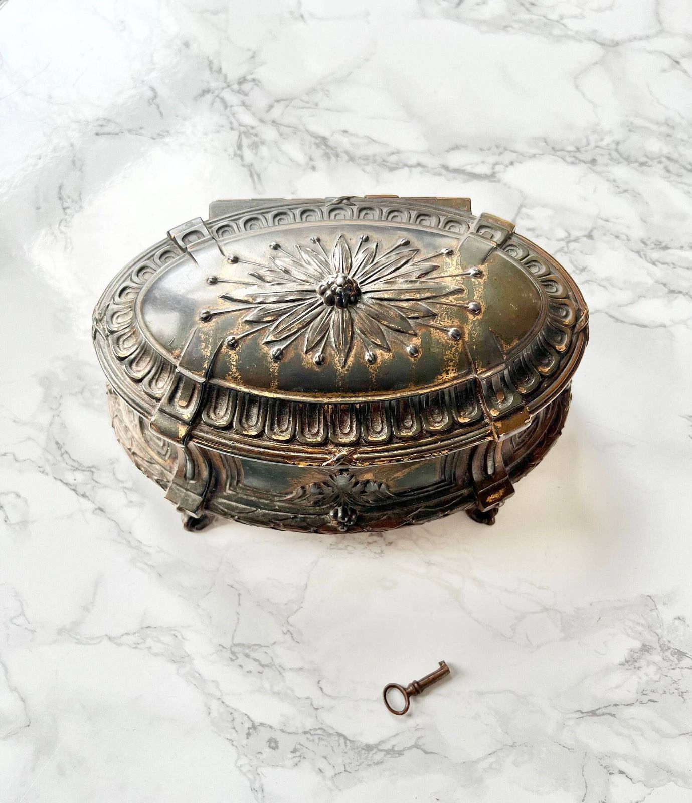 Antique French Large French Jewelry Box Romantic Victorian Metal Chest Boudoir Rare Silk Padded Precious Jewel Box Marie Antoinette Rococo