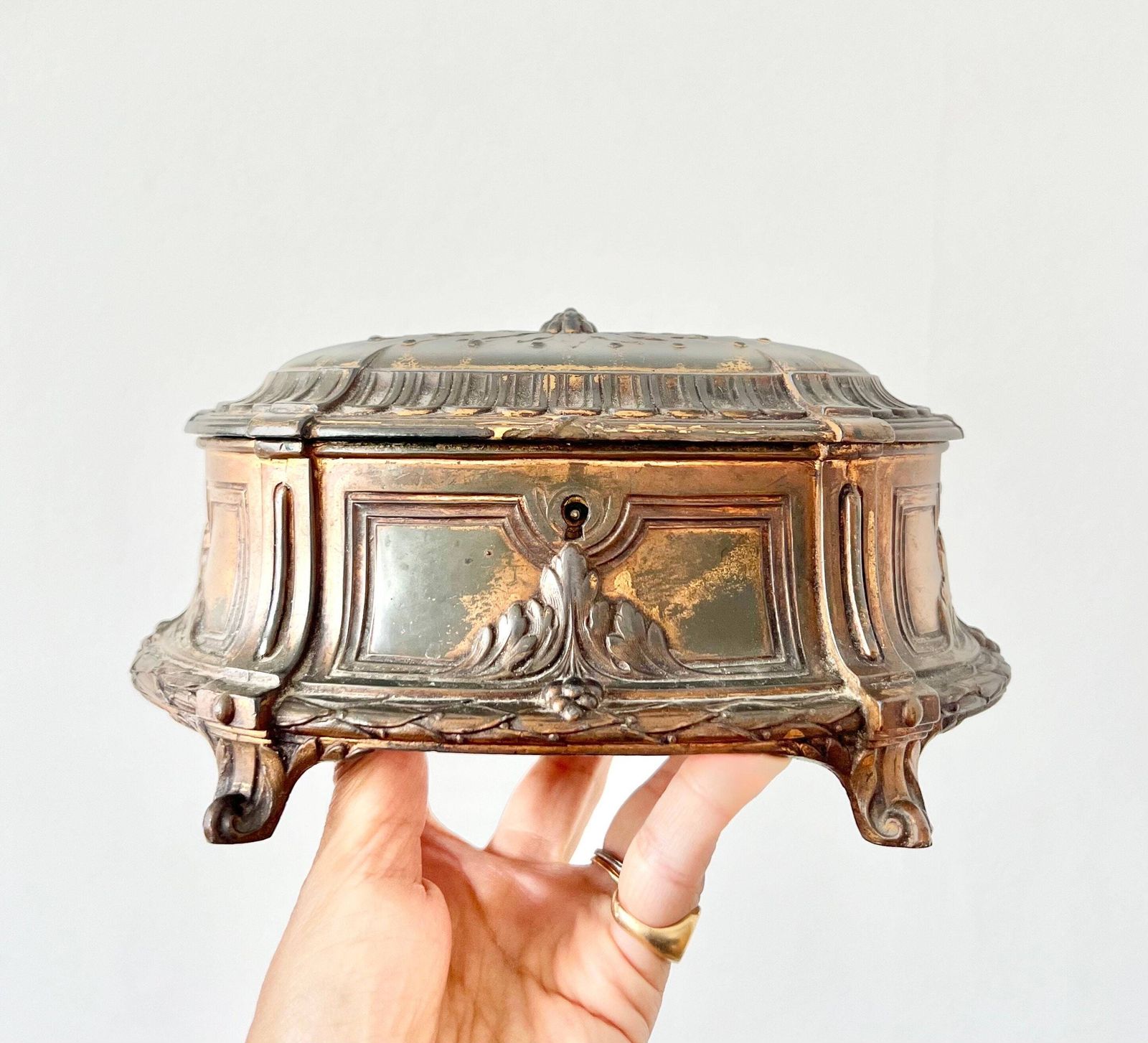 Antique French Large French Jewelry Box Romantic Victorian Metal Chest Boudoir Rare Silk Padded Precious Jewel Box Marie Antoinette Rococo photo vintage