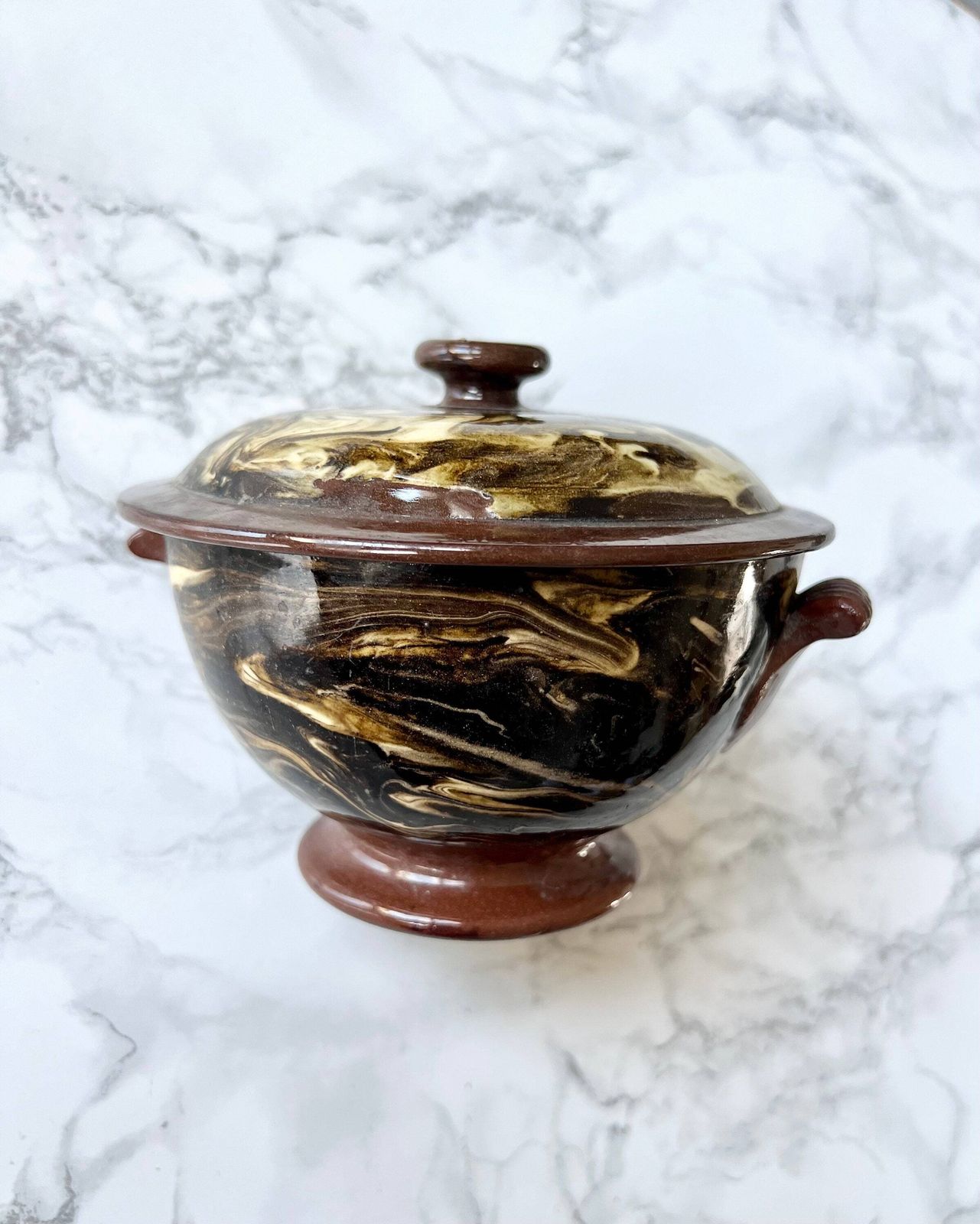 Antique Sarreguemines Pottery Lidded Tureen Traditional Soup Bowl Hand Made 1800 South Of France Earthenware Brown Terre Melee Provence photo furniture