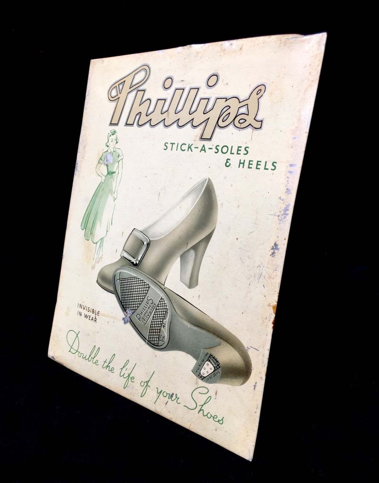 Antique Advertising Phillips Stick A Soles & Heels Showcard  Shoe Shop Sign