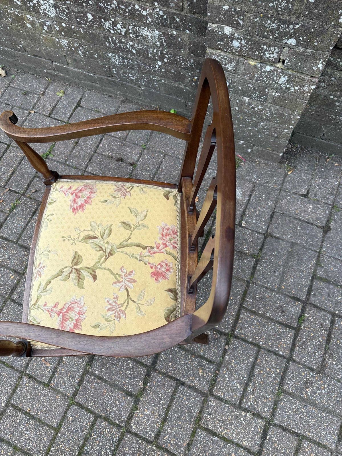 Antique 1920s  30s Edwardian Revival Mahogany Armchair With Floral Upholstery, Antique Carver Chair Early 1900s England photo vintage