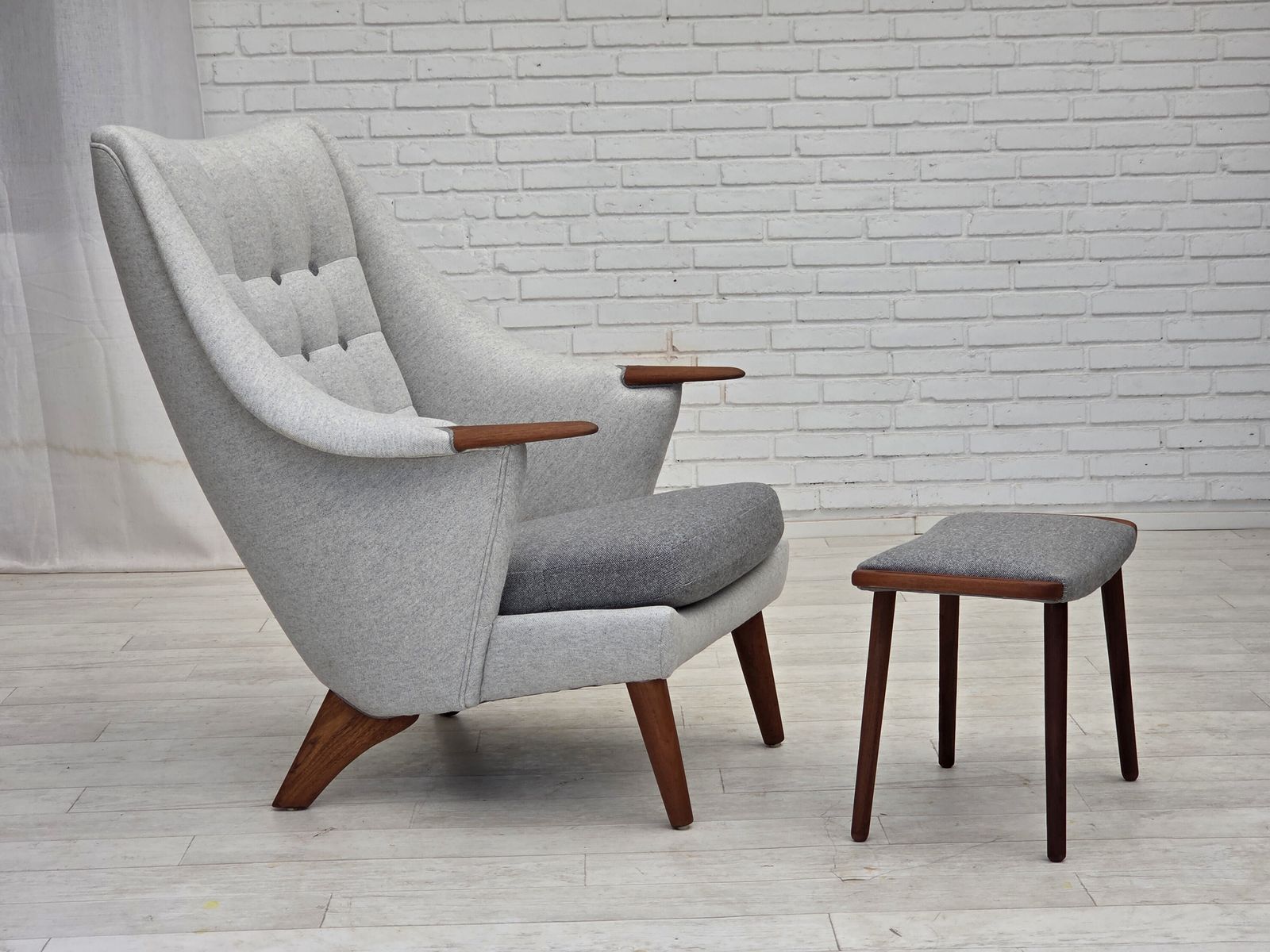 1970s, Danish High Backed Armchair, Wool, Teak Wood. photo vintage