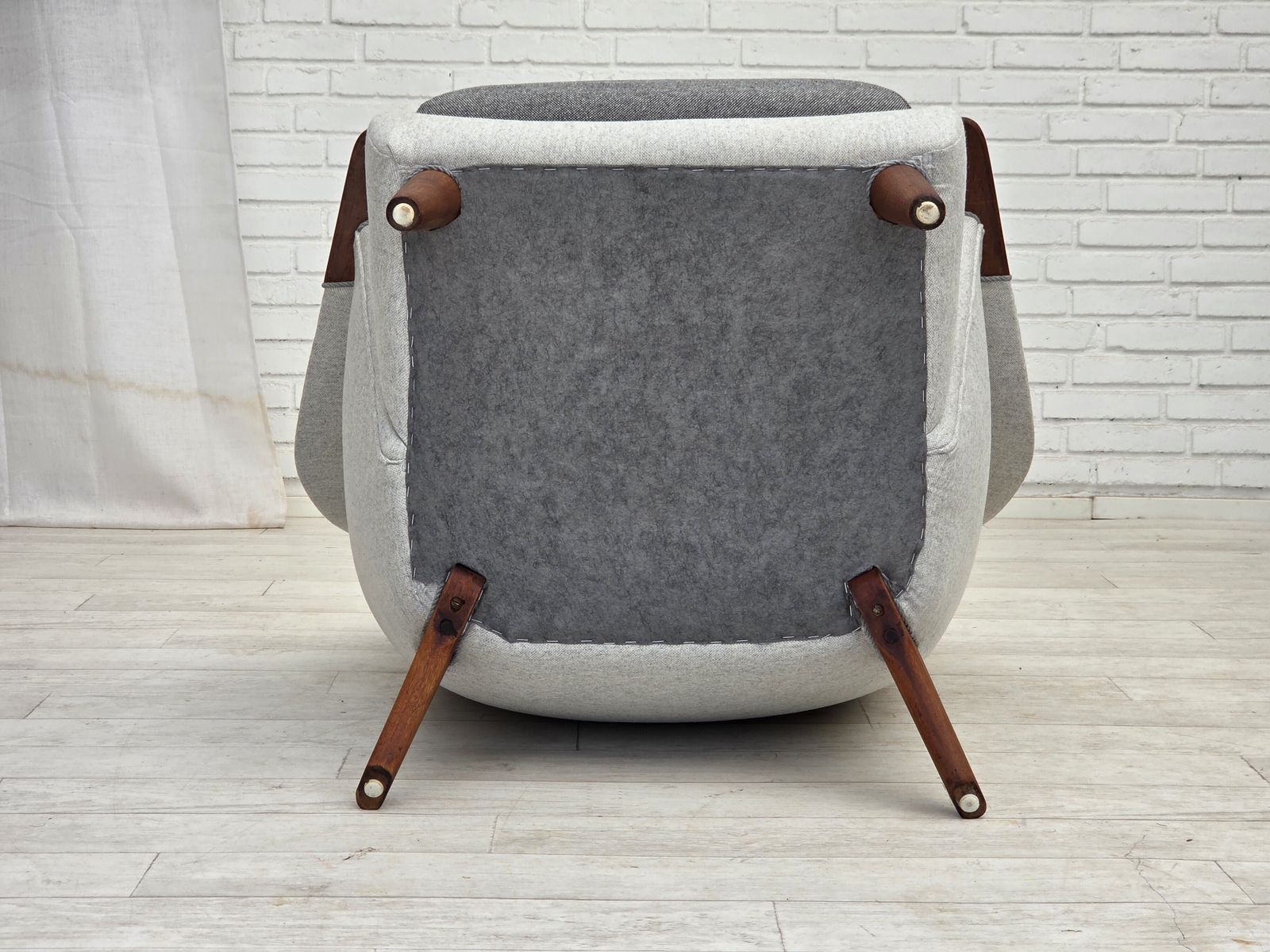 photo buy 1970s, Danish High Backed Armchair, Wool, Teak Wood.