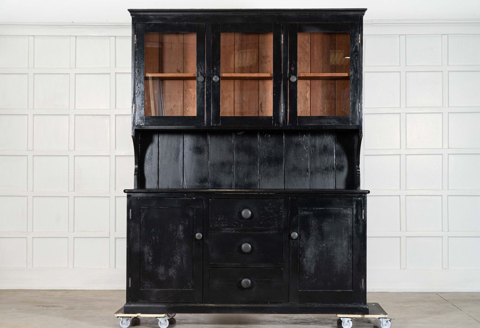 Large Ebonised 19thc English Pine Butlers Pantry Cabinet