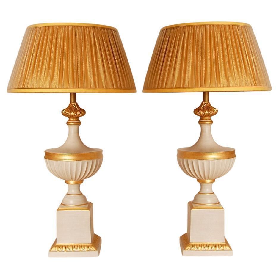 Vintage French Table Lamps White And Gold Ceramic 1970s Vase Lamps Neoclassical