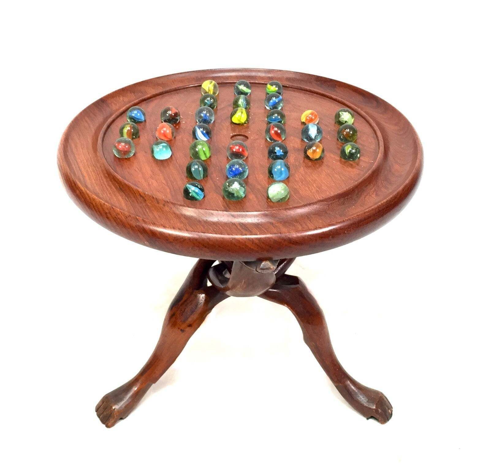 Wooden Solitaire Table Stand &Amp; &Nbsp;Glass Marble Set / Complete Antique 20th Century