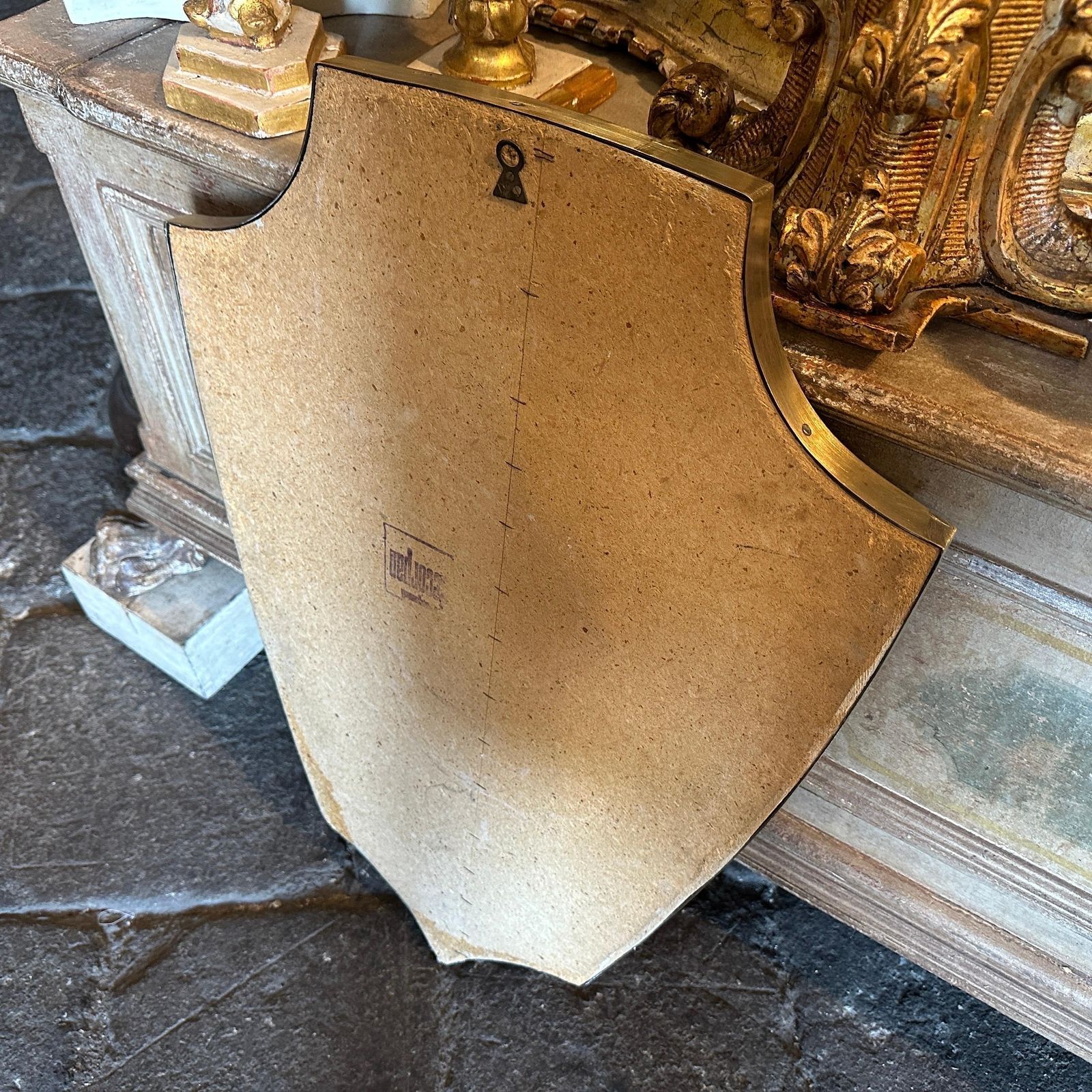 1960s Gio Ponti Style Mid Century Modern Brass Italian Shield Wall Mirror photo vintage