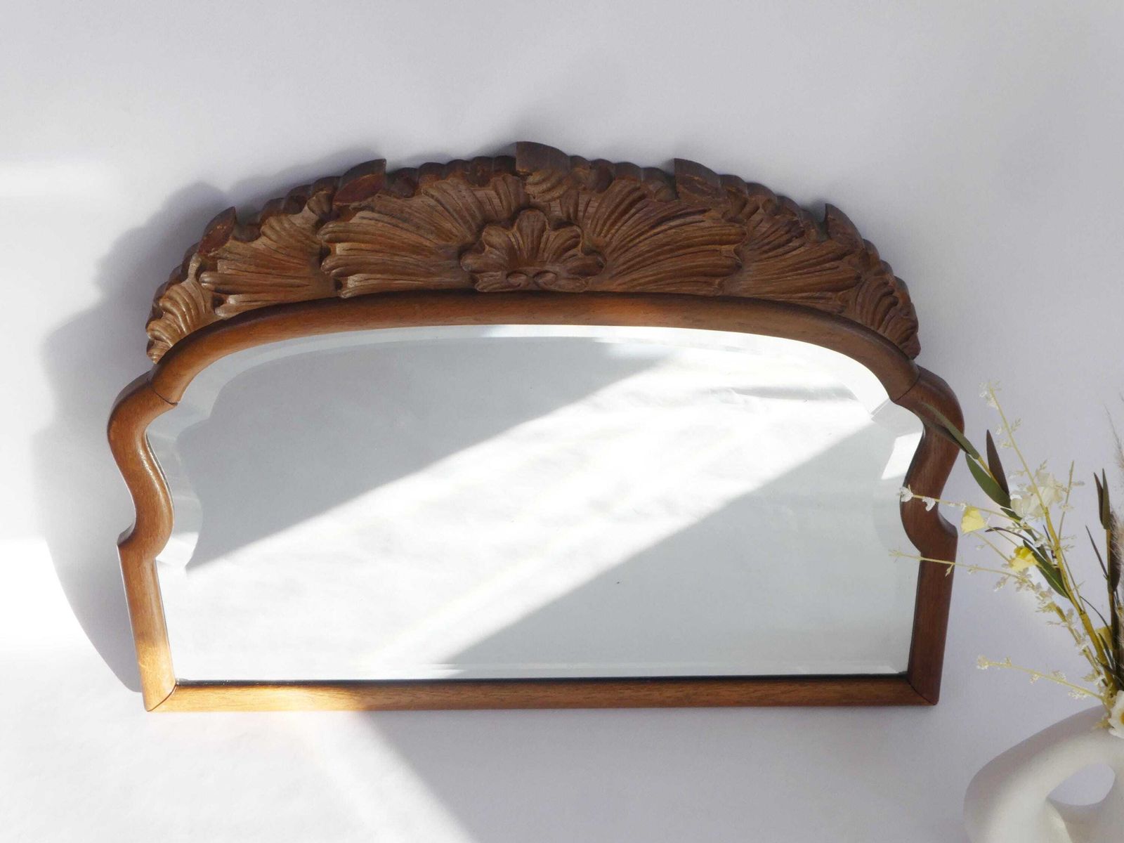 Antique Scalloped Half Moon Wall Mirror With Floral Carved Ornament, Farmhouse Decor Wall Hanging, Dutch Wall Decor photo furniture
