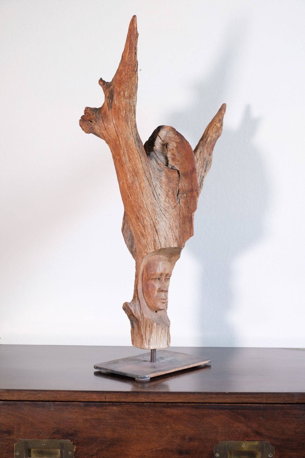 photo vintage Primitive Carved Driftwood Folk Art Face Sculpture From Beachfound Wood