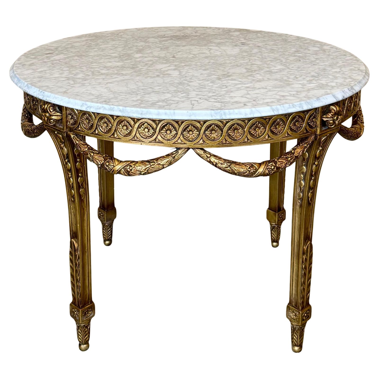 Table centrale ovale de style Louis XVI Belle Époque, en bois doré sculpté, plateau en marbre