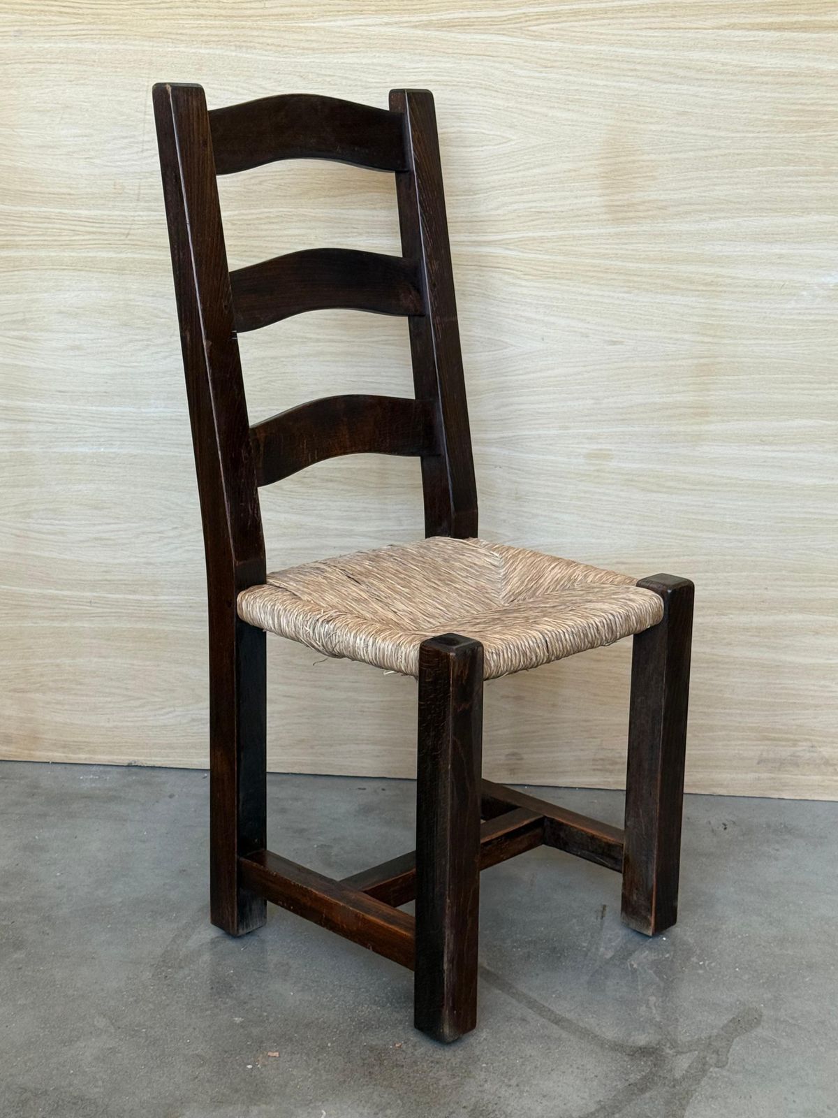 Ensemble de six chaises espagnoles en noyer massif avec assise cannée, XIXe siècle photo for sale