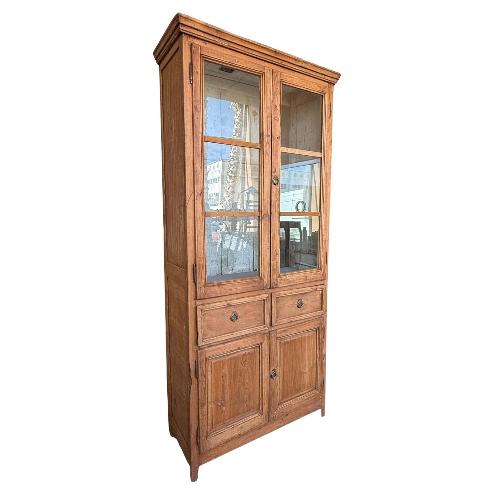 19th Century Large & Narrow Cupboard Or Bookcase With Glass Vitrine, Pine