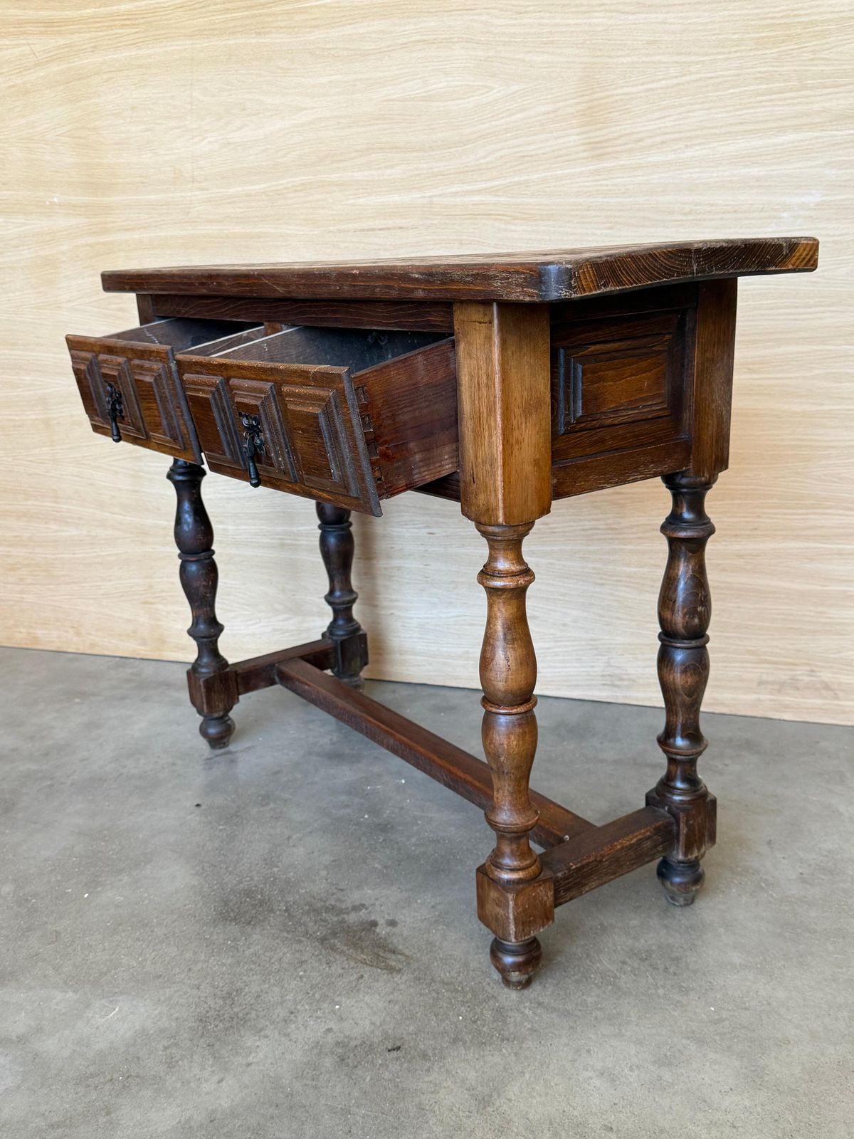 Spanish Console Table With Two Carved Drawers, 1940s photo vintage
