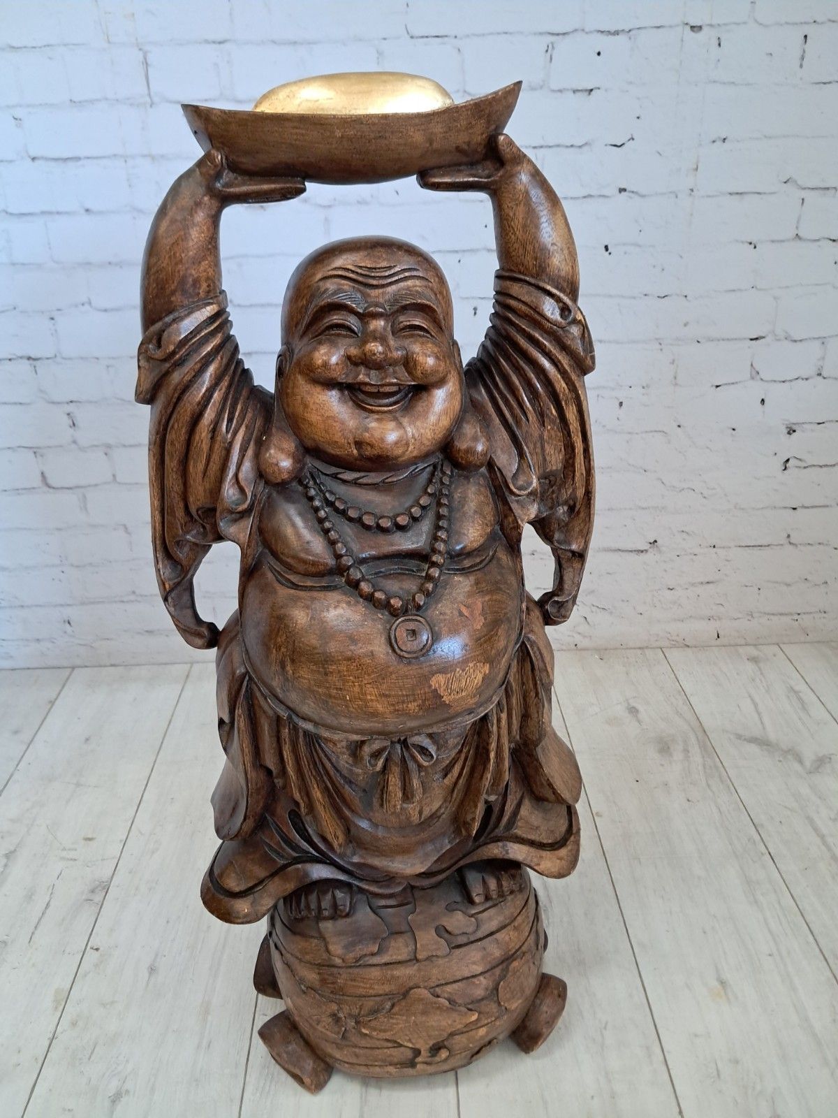 Vintage Lucky Wooden Laughing Buddha Large Hand Carved On World Golden Nugget photo furniture