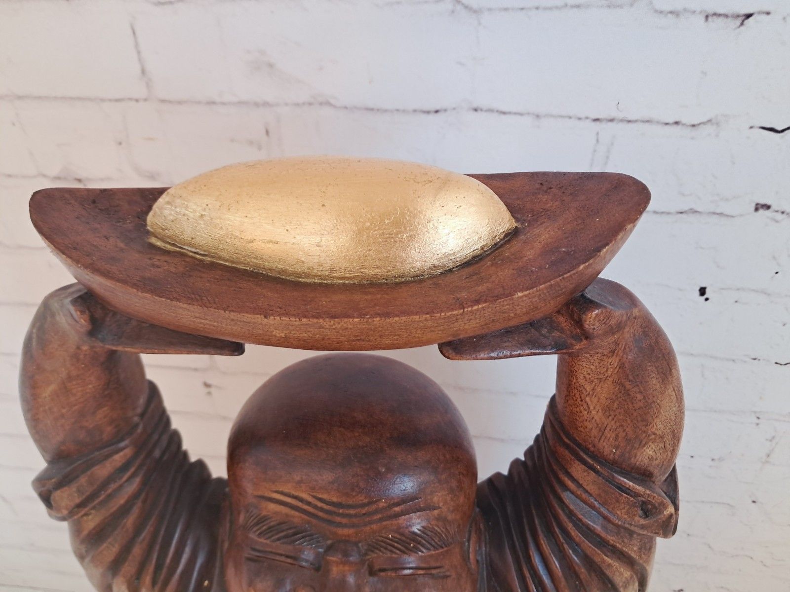 Art Vintage Lucky Wooden Laughing Buddha Large Hand Carved On World Golden Nugget photo