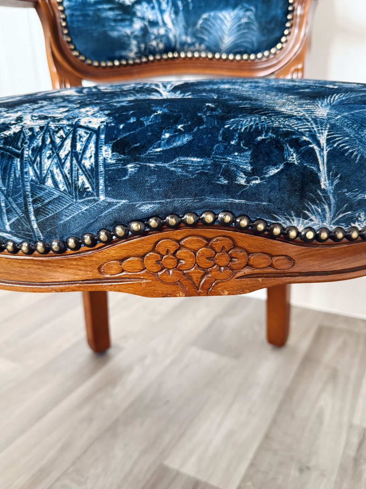 Restored Louis XV Style Armchair   Scenic Deep Blue Upholstery, Solid Wood Frame photo vintage