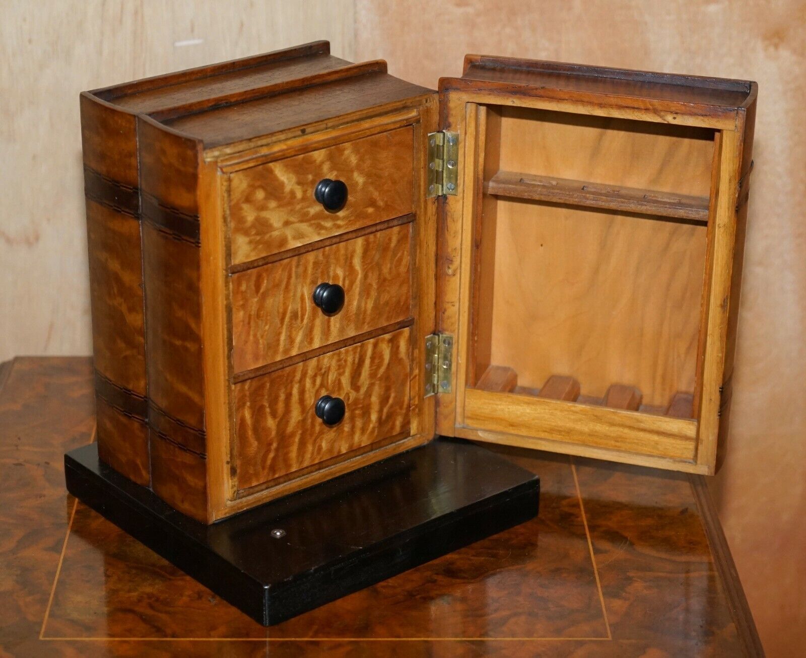 Stunning Faux Books Walnut & Satinwood Smoking Pipe Rack Holder With Drawers photo vintage