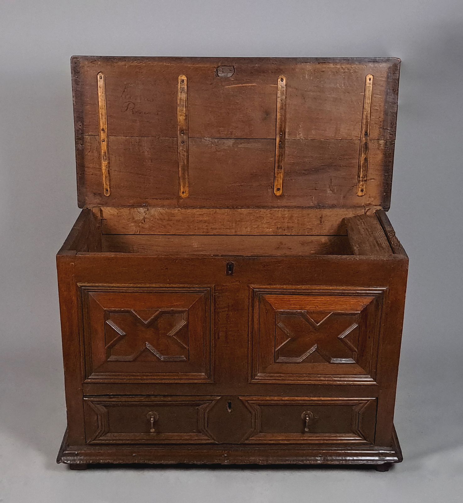 Signed Original Period Charles II Oak Mule Chest C. 1665 photo for sale