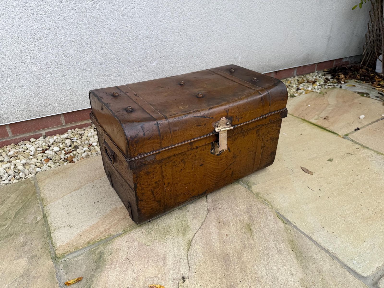 Large Antique Metal Trunk, Steamer Trunk, Vintage Rustic Metal Storage Box
