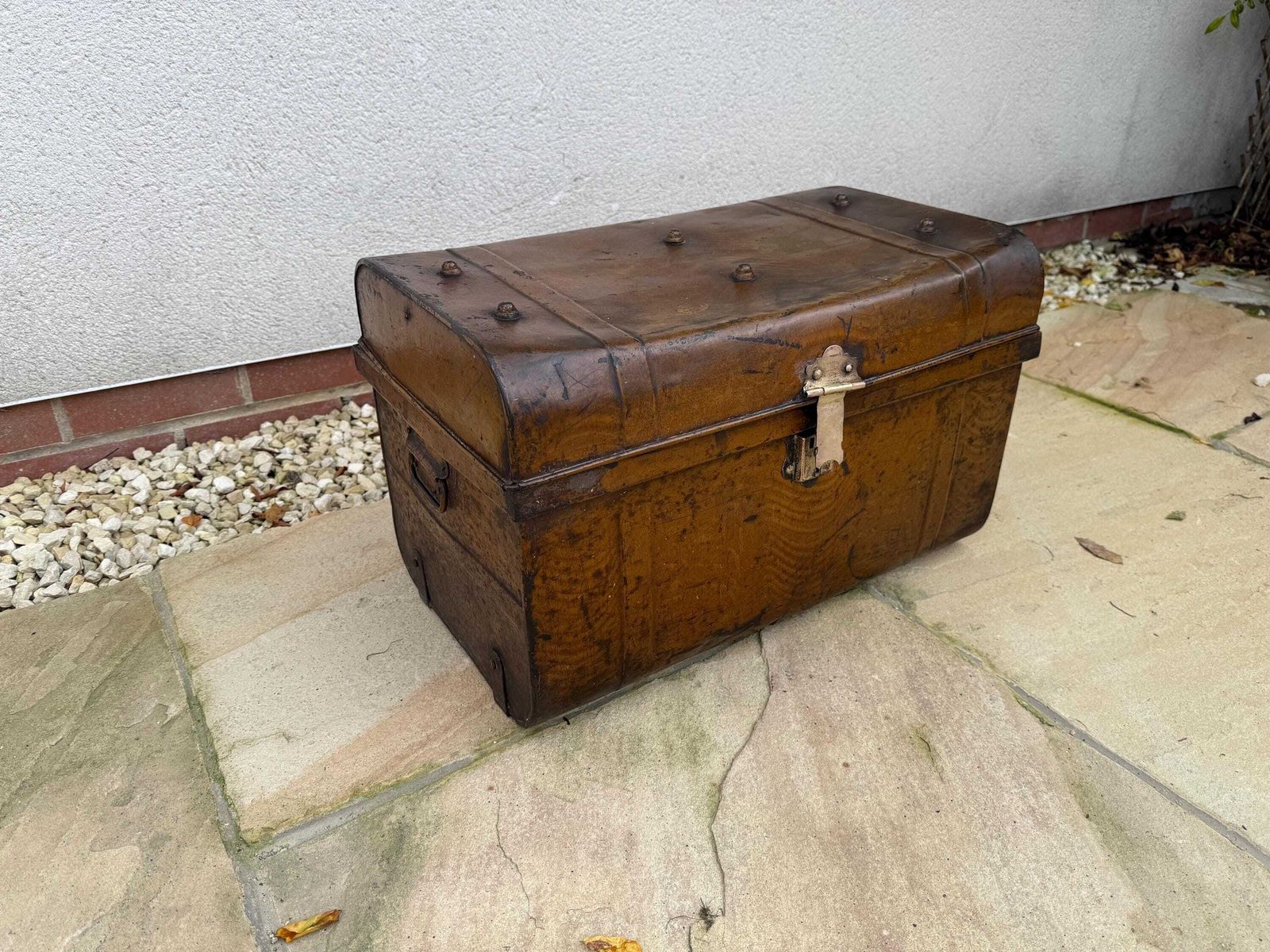 Large Antique Metal Trunk, Steamer Trunk, Vintage Rustic Metal Storage Box photo for sale