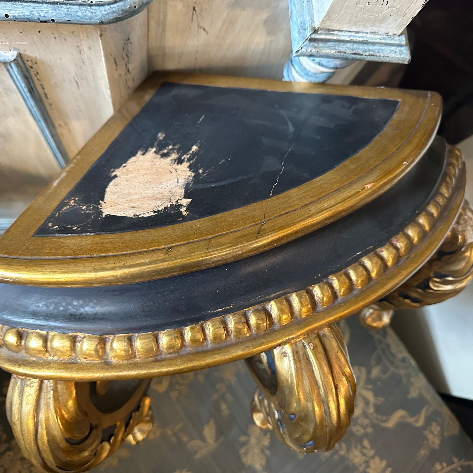 Baroque Revival Blue Lacquered And Gilded Wood Italian Corner Console Table photo 758.0