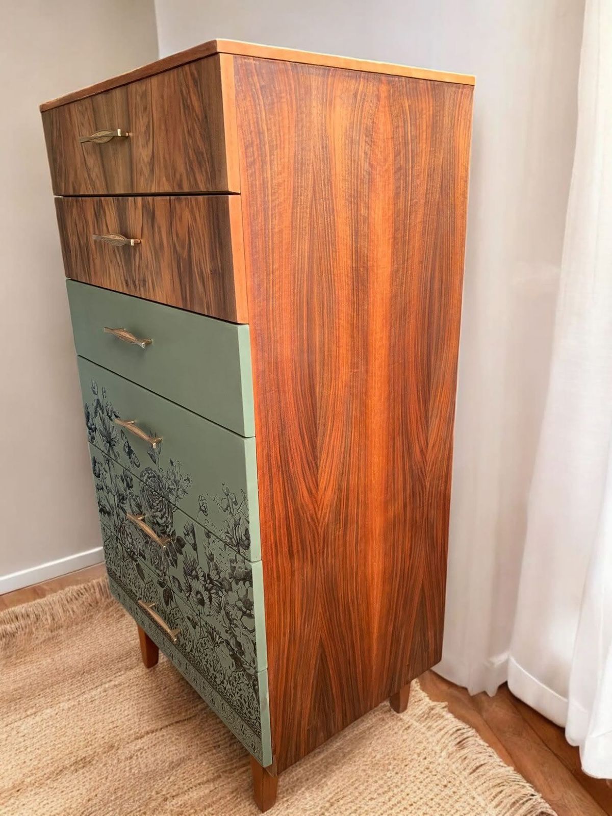 Mid Century Modern Teak Dresser: Olive Green Floral Transfer, 6 Drawer photo furniture