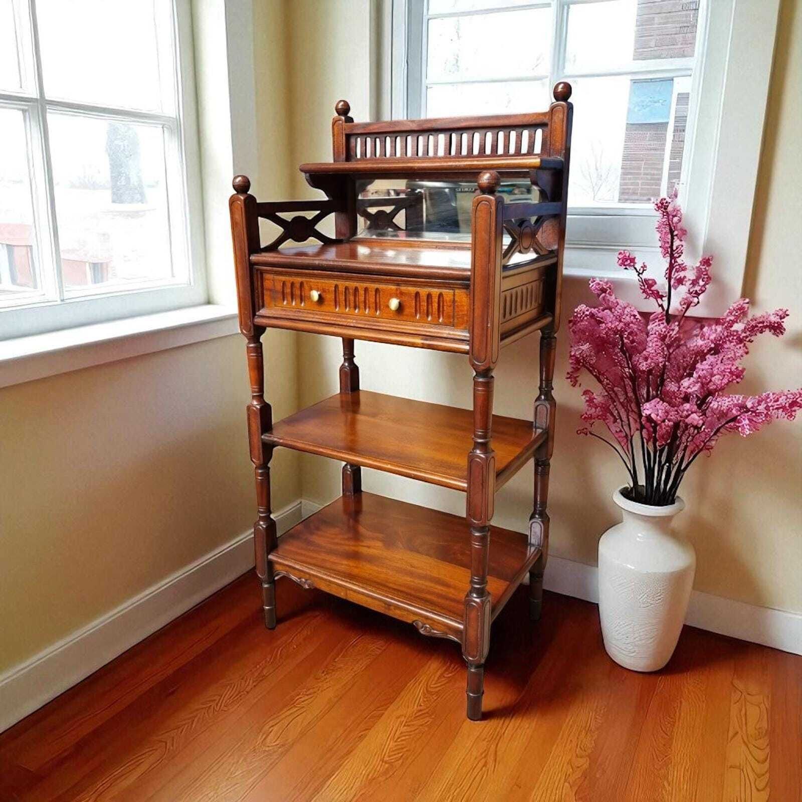Antique Victorian Mahogany Whatnot With Mirror And Drawer