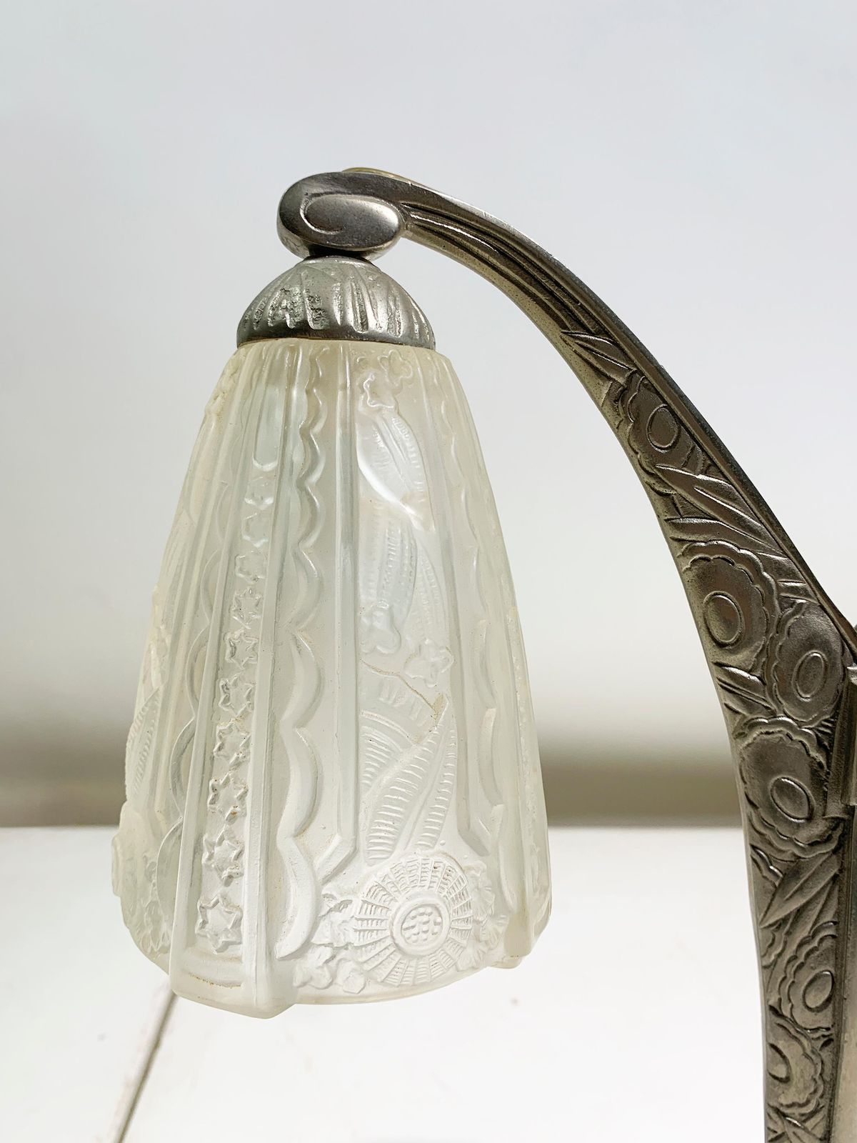 Art Deco Double Arm Table Lamp In Press Molded Glass/Nickeled Bronze, Circa 1930 photo vintage