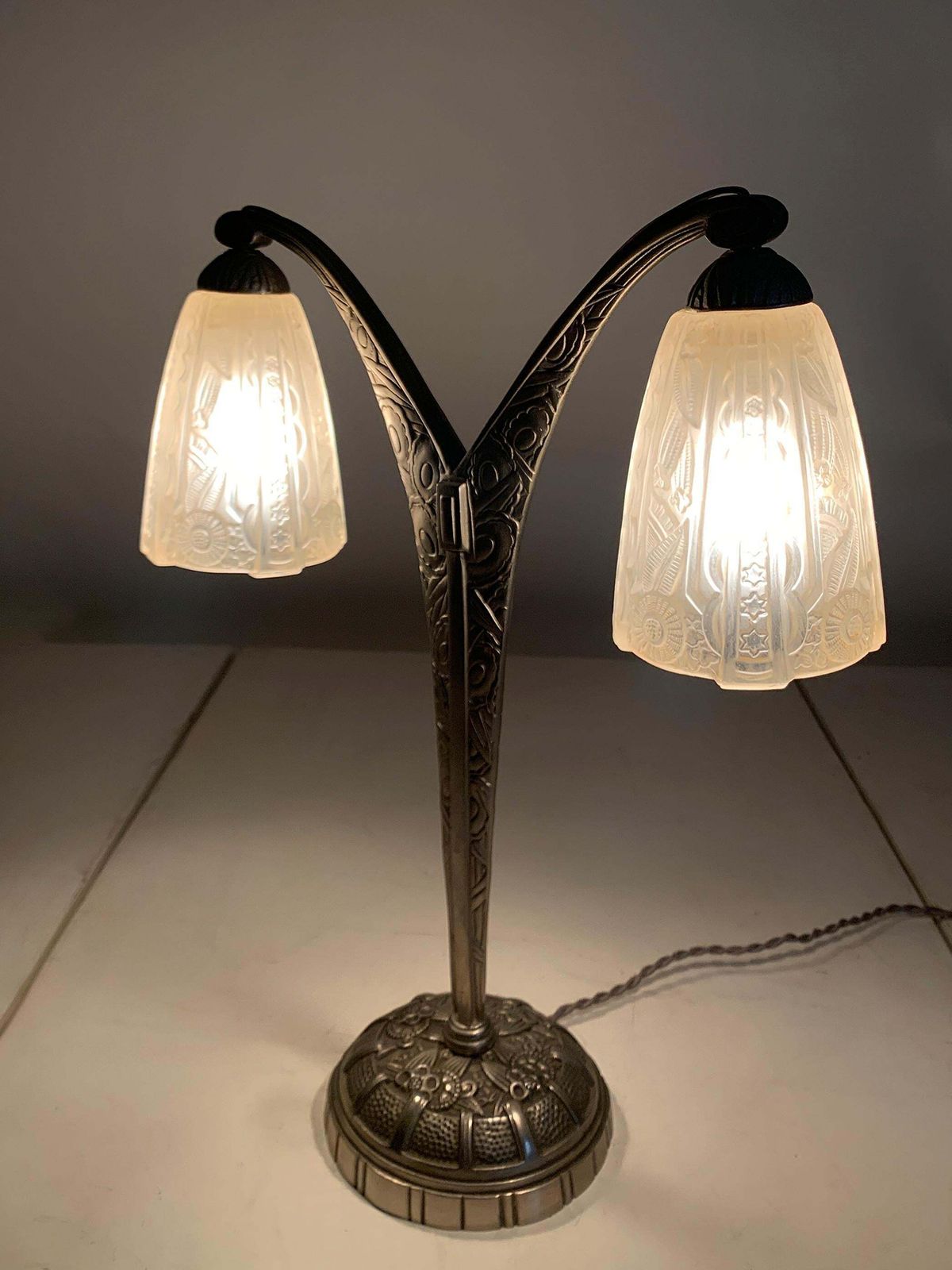 Lighting Art Deco Double Arm Table Lamp In Press Molded Glass/Nickeled Bronze, Circa 1930 photo