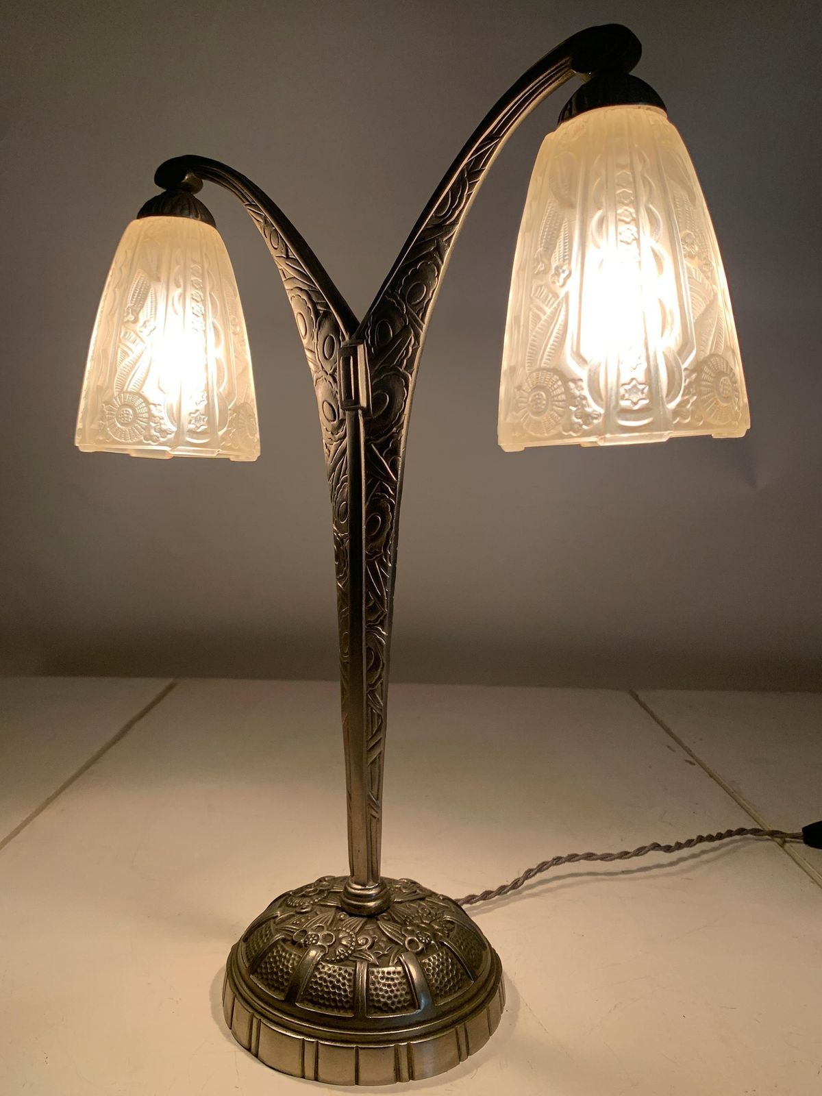 photo buy Art Deco Double Arm Table Lamp In Press Molded Glass/Nickeled Bronze, Circa 1930