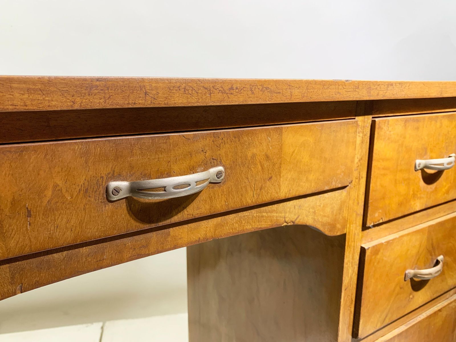 Mid 20th Century Figured Wood Desk In Walnut With Five Drawers, Circa 1940 photo buy