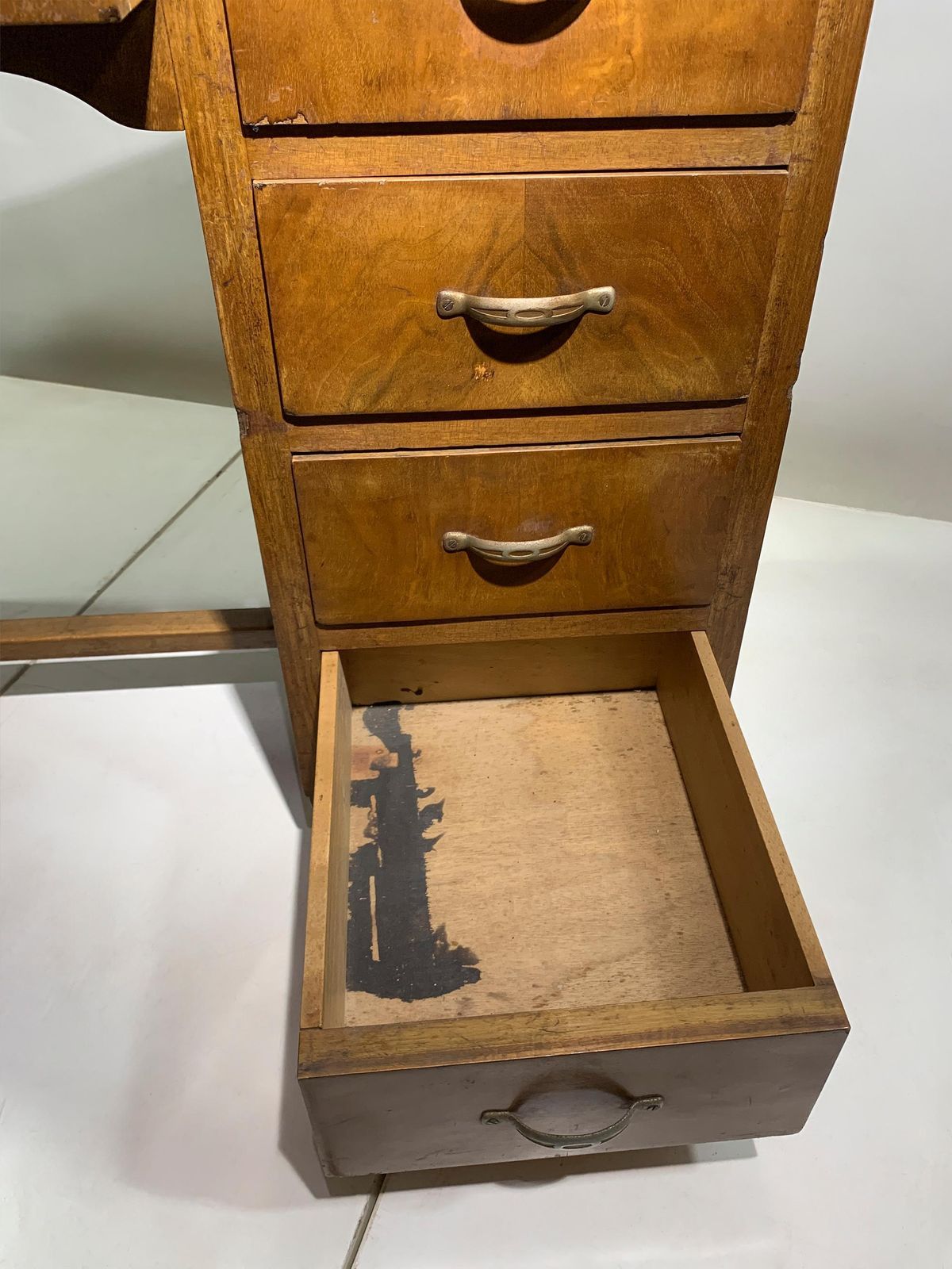 Furniture Mid 20th Century Figured Wood Desk In Walnut With Five Drawers, Circa 1940 photo