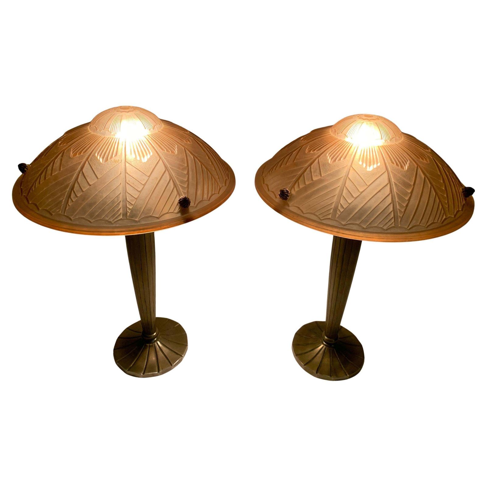 Pair Of French Art Deco Table Lamps In Pink Press Molded Glass, Circa 1930