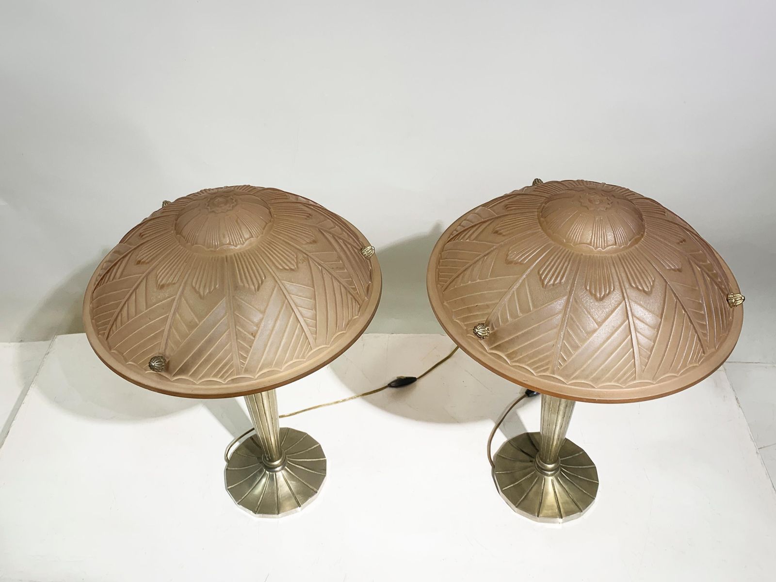 Pair Of French Art Deco Table Lamps In Pink Press Molded Glass, Circa 1930 photo Lighting