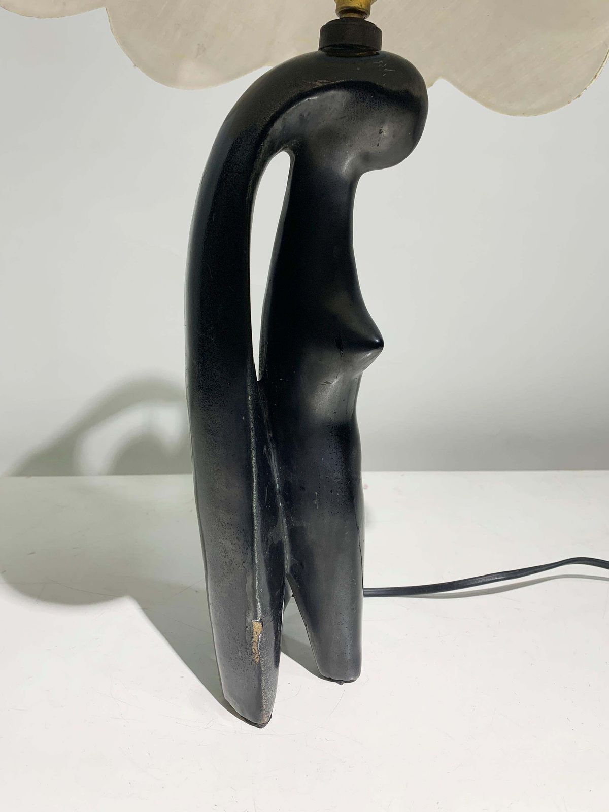 Art Deco Stylized Woman Figure Sculptural Table Lamp In Black Terracotta, France photo vintage