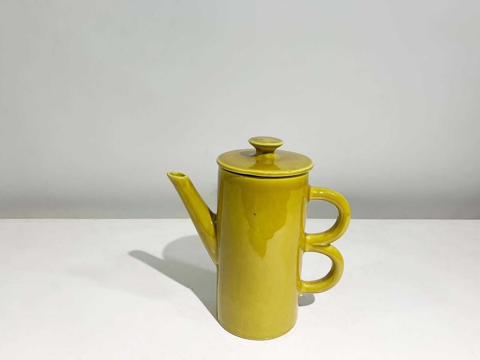 Art Deco Enameled Ceramic Teapot Mustard With Sculptural Double Handle, Italy photo furniture