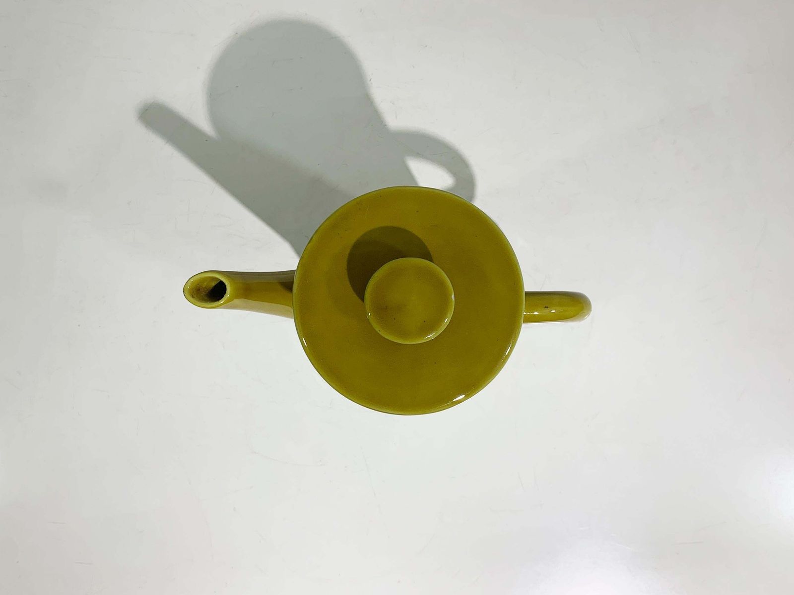 Art Deco Enameled Ceramic Teapot Mustard With Sculptural Double Handle, Italy photo for sale