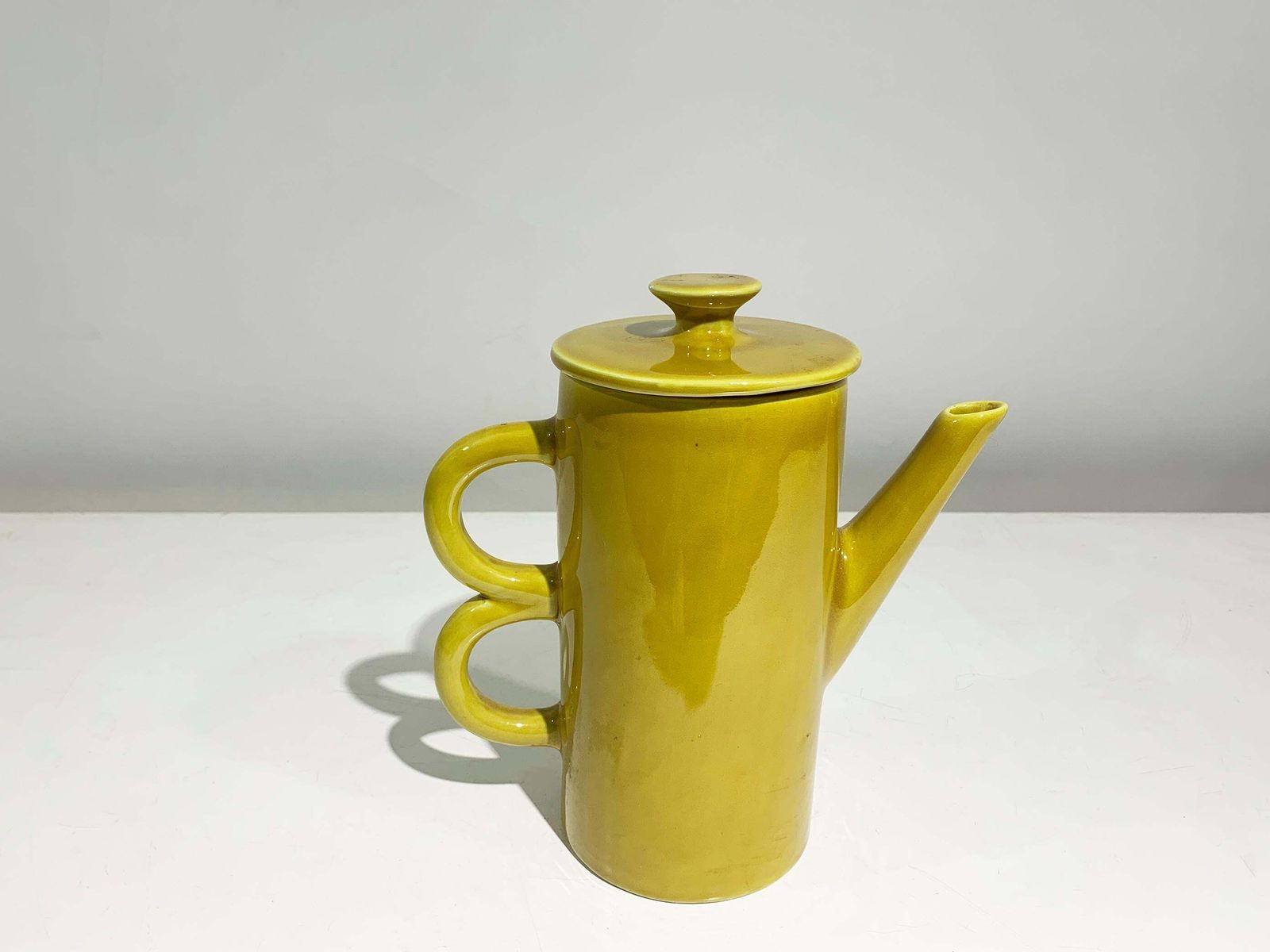 Art Deco Enameled Ceramic Teapot Mustard With Sculptural Double Handle, Italy photo buy