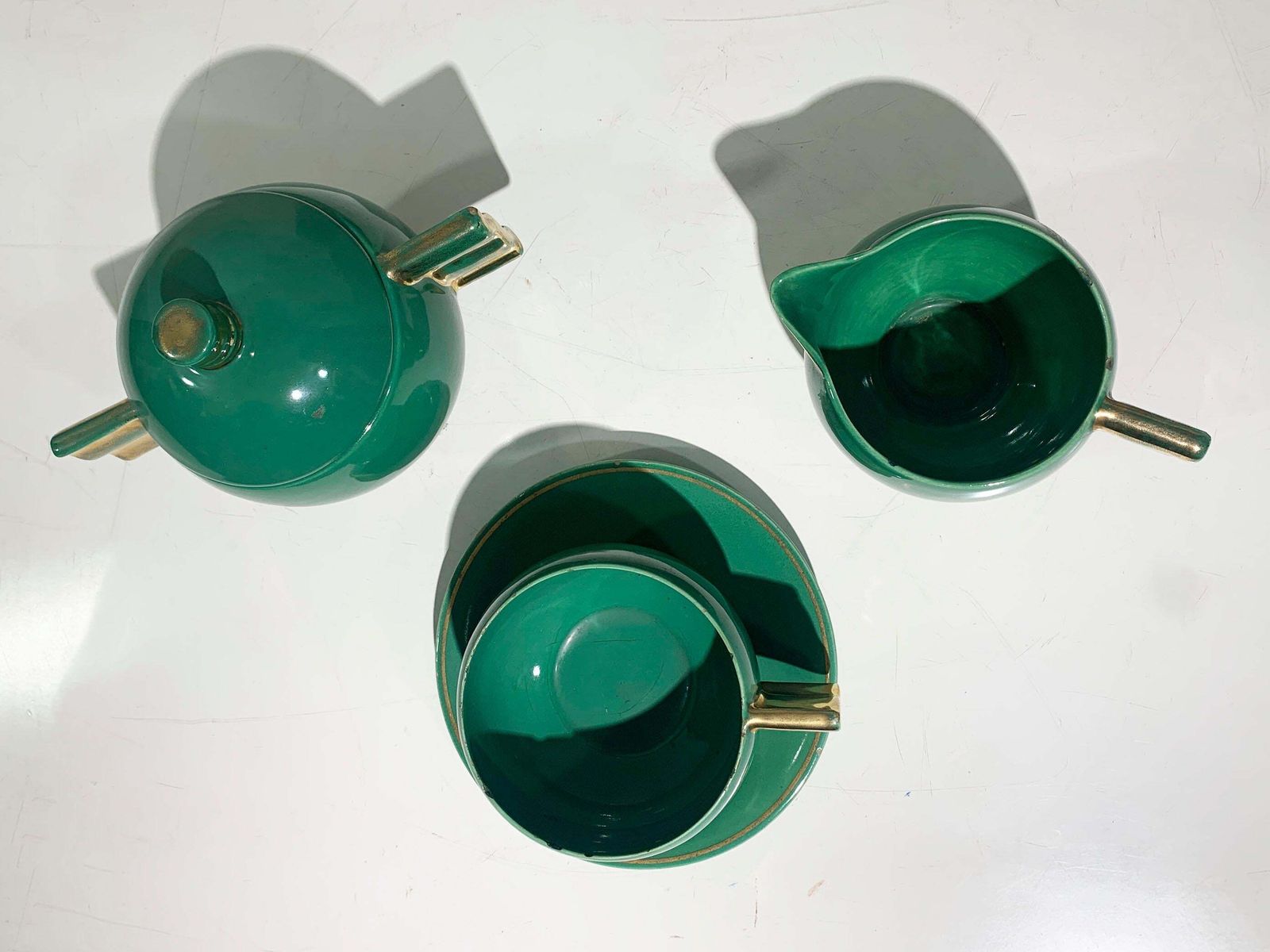 French Art Deco Tea Service Set, Gold & Green Glazed Porcelain Marked Robj Paris photo furniture